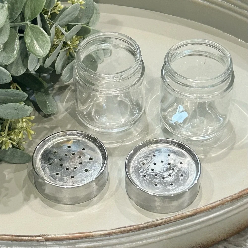 Vintage MCM Metal Shaker Top & Glass Jar Salt &‎ Pepper Shakers